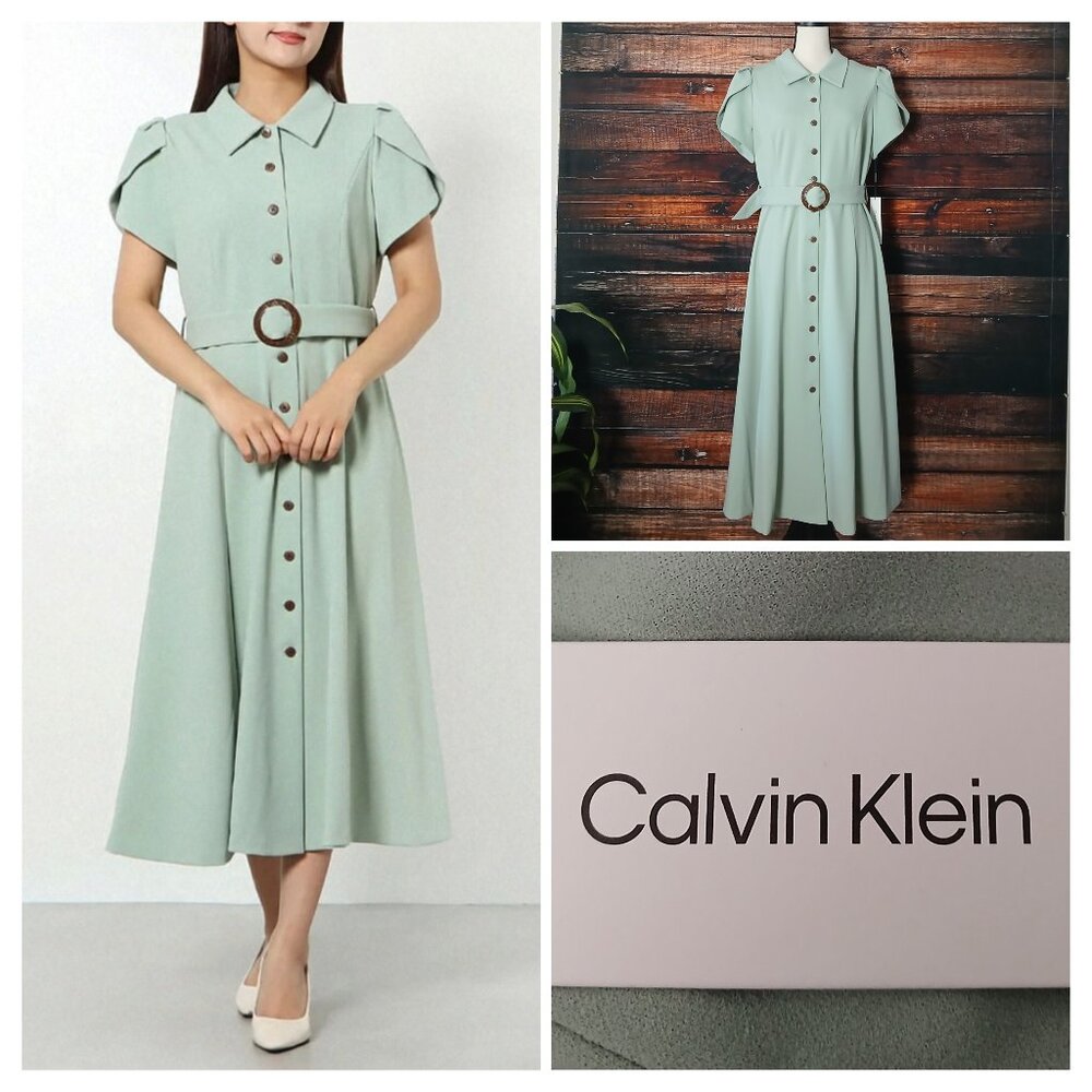 NWT Calvin Klein Dress 12 Midi Tulip Sleeve Belted Mint Green Button Front Retro